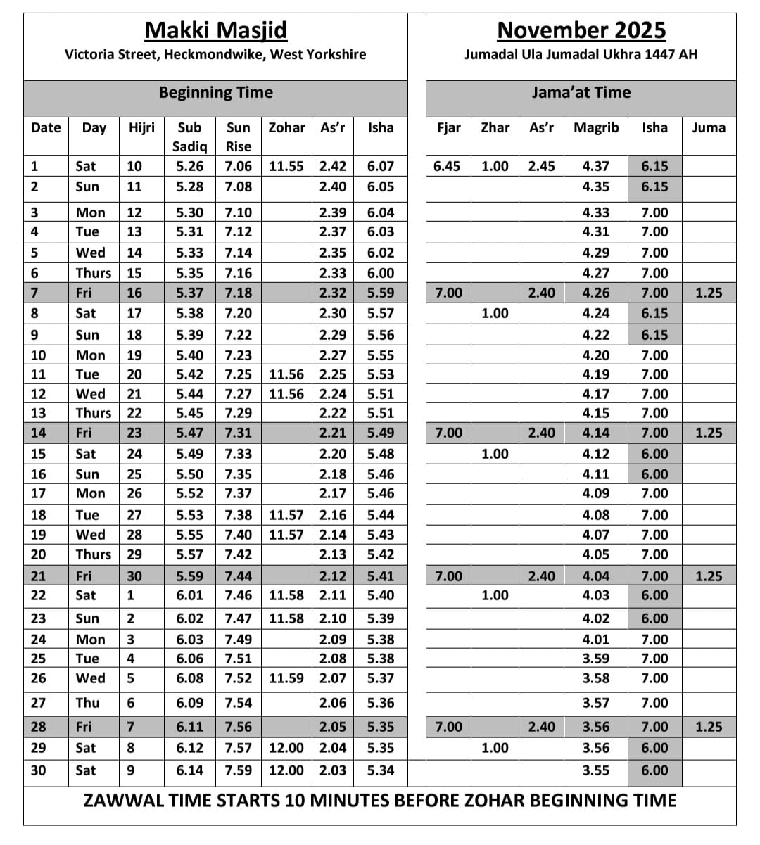 November 2025 Timetable